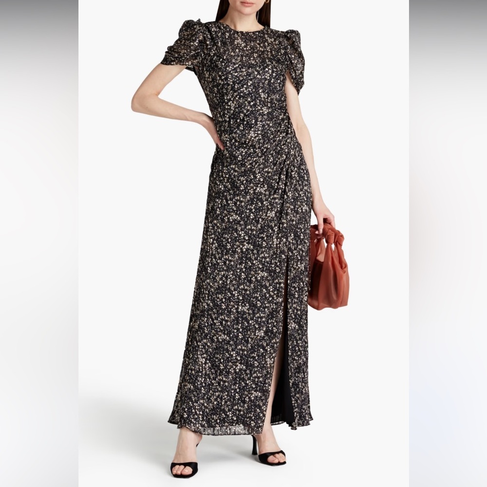 NWT ML‎ MONIQUE LHUILLIER Floral Maxi Dress In Black